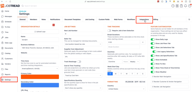 JobTread Settings & Integrations Tab