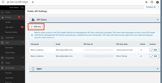 ServiceBridge Add New API User